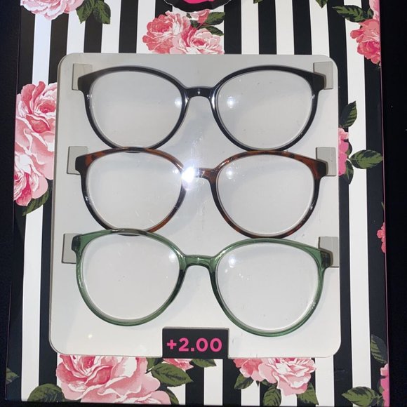 2.00 BETSEY JOHNSON 3 Reading Glasses THIN TORTOISE GREEN ROUND light weight - Picture 1 of 7